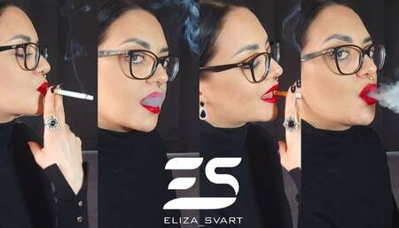 Smoking a Marlboro red 100 in a turtleneck sweater and red lipstick