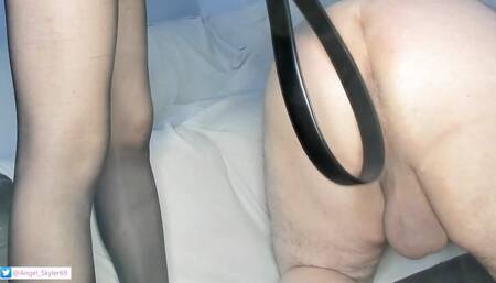 Small Mistress Spanks Husband and Crushes His Crotch with Her Sandals