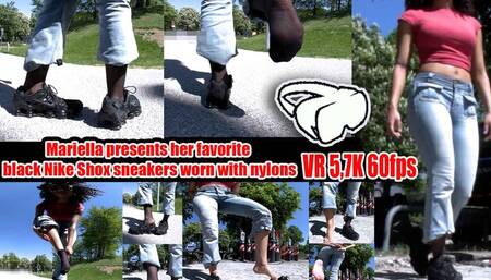 VR 3D 5,7K 180 60 fps | Mariella shows you her black Nike Shox Sneakers up close She wears them with nylons and shows you her nylon soles and your soles and toes up close