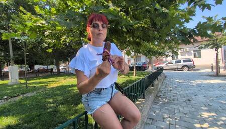 Outdoor ordinary day with my slave Faith - food humiliation