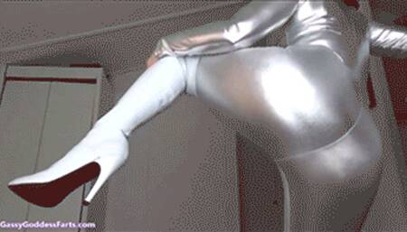 + Shiny Catsuit Boots & Farting Cock Tease -MP4