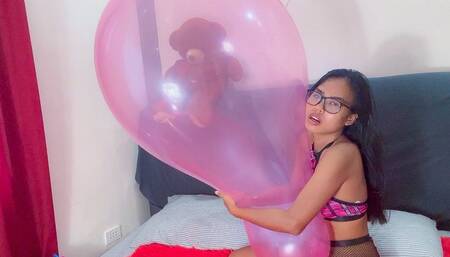 Sexy Schoolgirl Camylle Hugs Kisses And Licks Your Huge Pink Cattex Long Neck Balloon