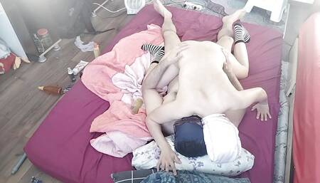 Hot amateur couple crazy sex in the bedroom. Amateur wife prepares breakfast naked in the kitchen.