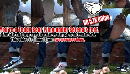 VR 3D 5,7K 180 60 fps | You're a teddy bear lying under Selena's feet Selena kicks and stomps on you in sneakers, socks, nylons, and even barefoot This video is filmed from two perspectives