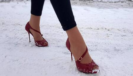 High heels walking in snow, high heels sliding on ice and slipping on snow