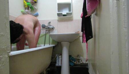 Beautiful lady in the bathroom. With conversations in Russian