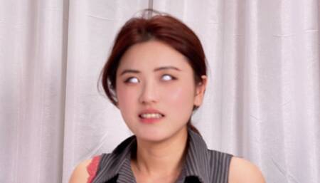 Bitch with white contact lenses explores her world with white stockings feet