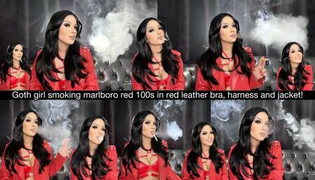 Goth girl smoking marlboro red 100s in red leather bra, harness and jacket!