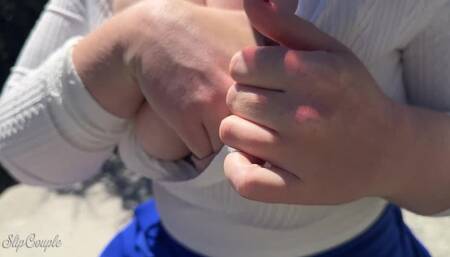 Public and risky, sloppy handjob on a bench during hiking