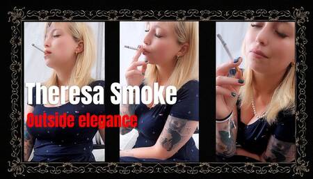 Outdoor Longhair Tease – Theresa Smoke enjoys a cigarette in blue dress with Blonde Fetish and Public Smoking Vibe