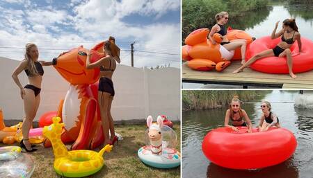 Naughty Nastya and Chloe are having fun and destroying two huge inflatables