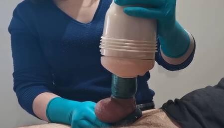 Nurse gloves handjob condom & fleshlight