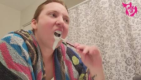 Brushing Teeth and Scrubbing Tongue with Hair up and Blue Towel around Shoulders