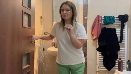 Stepmom wants to use the toilet while stepson watchess