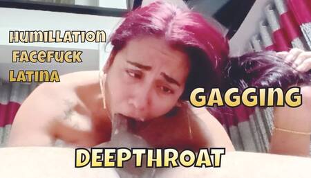 gagging and deepthroats a humiliated Latina, sucking cock to pay the rent