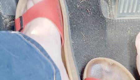 Miss M barefoot pedal pushing driving