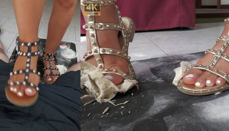 Food crushing devastation, bread and meringue smashing, ball stomping and soles on face
