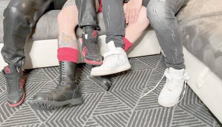 Three guys, two pairs of sneakers