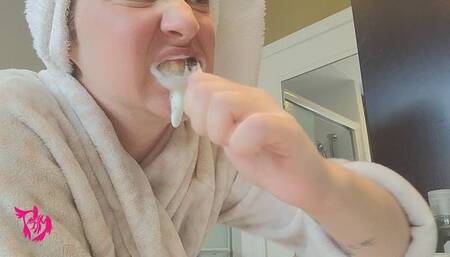 Brushing Teeth and Scrubbing Tongue with White Hair Towel and Bath Robe