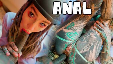 Tattooed masked girl ANAL fuck and pussy covered in cum