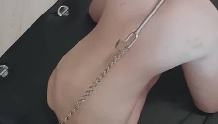 BDSM Gay metal bondage predicament with anal hook and ballstretcher