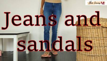 Jeans and sandals: shoejob, cock trampling