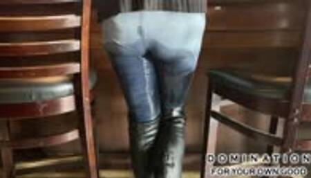 MILF Greta wets & re-wets herself, soaking her jeans and boots in a busy bar! - MP4