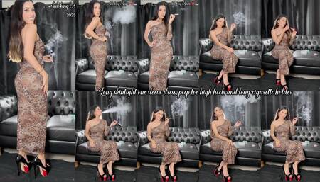 Long skintight one sleeve dress, peep toe high heels and long cigarette holder