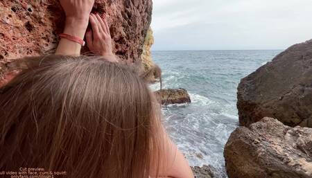 Amigo fucked the climber in the mouth and pussy right on the edge of the cliff
