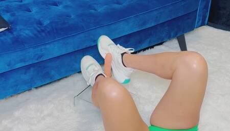 Shoejob , and thrusting dildo fuck and suck in skort and sneakers