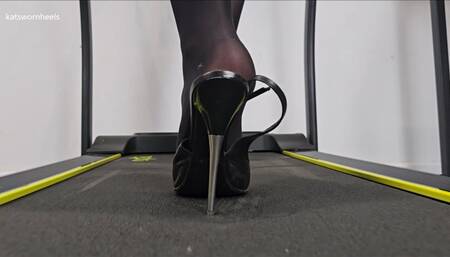 Treadmill Tease in Sexy Italian Metal-Heeled Slingbacks & Sheer Nylons