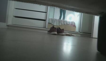 Jumping on the Bed in Jeans Barefoot