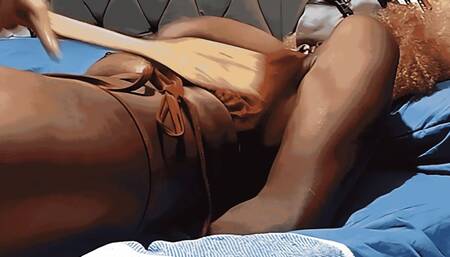 Bound Gothic Ebony in Bed – Blindfolded, Gagged & Breast Dominated with Wooden Spoon