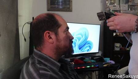 Headshaving and bead touch up, Renee Sakuya shaving his head to bald and touching up his beard, 720p