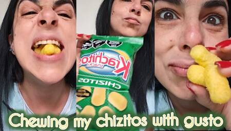 Chewing my cheese puffs with gusto