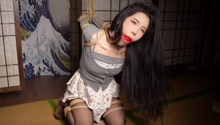 Bitch with ballgag arms bondage hogtied struggling