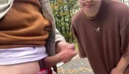 Horny slut suck cock and takes hard doggy pounding in public