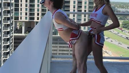 Cheerleader Pegging on Balcony with Panty Gag