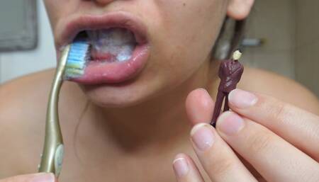 Giantess stepsister brushes teeth and tiny tiny stepbrother watches her then brushes her with the toothbrush then sucks her like a candy in 4k