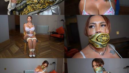 Keeping my kinky husband entertained with my silk scarf collection. Chair tied and gagged (wmv)