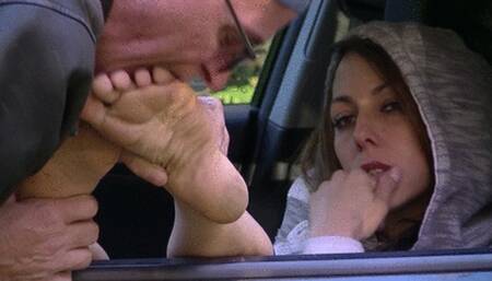 Sunny barefoot in car (HD)