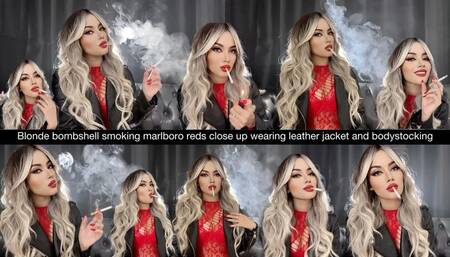 Blonde bombshell smoking marlboro reds close up wearing leather jacket and bodystocking