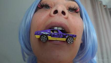 Latin giantess girl plays with a tiny toy car and puts it in her pussy because the parking spot is her pussy in the garage and masturbates until orgasm in 4k