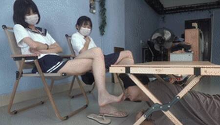 Two goddesses humiliate boss with beautiful feet, smelling, licking, and trampling on his penis!