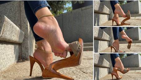 Solesmad Outdoor Dangling With Beige Wooden Mules and Yellow pedi