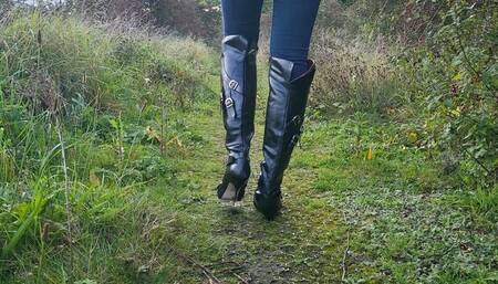 Gucinani Nail Heel Boots Walking Down a Muddy Track