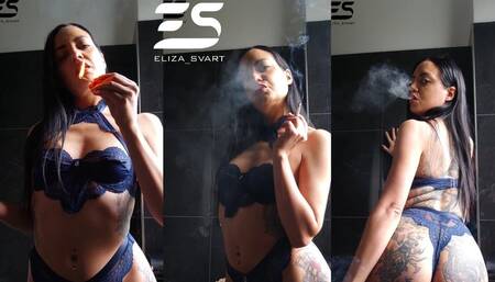 Smoking in dark blue undies with matches light up