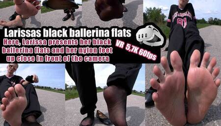 VR 3D 5,7k - Here, Larissa presents her black ballerina flats and her nylon feet up close in front of the camera.