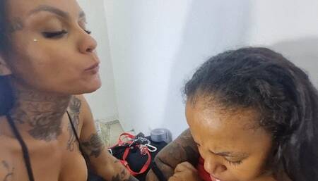 Sexy brunette with a forked tongue spitting and licking a dwarf's tongue Part 4 By Evelyn Boarque and Evil Dwarf Cam Full HD