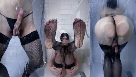 Solo sensual femboy showers in fishnets huge cumshot